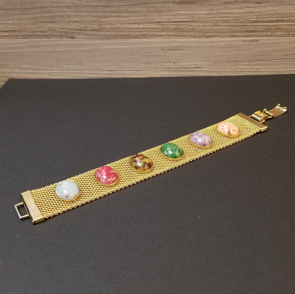 Vintage 1970s Sarah Coventry Designer Gold Mesh Bracelet Multi Color Stones